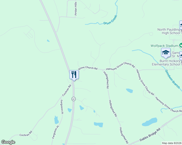 map of restaurants, bars, coffee shops, grocery stores, and more near 2550 Harmony Grove Church Road in Dallas