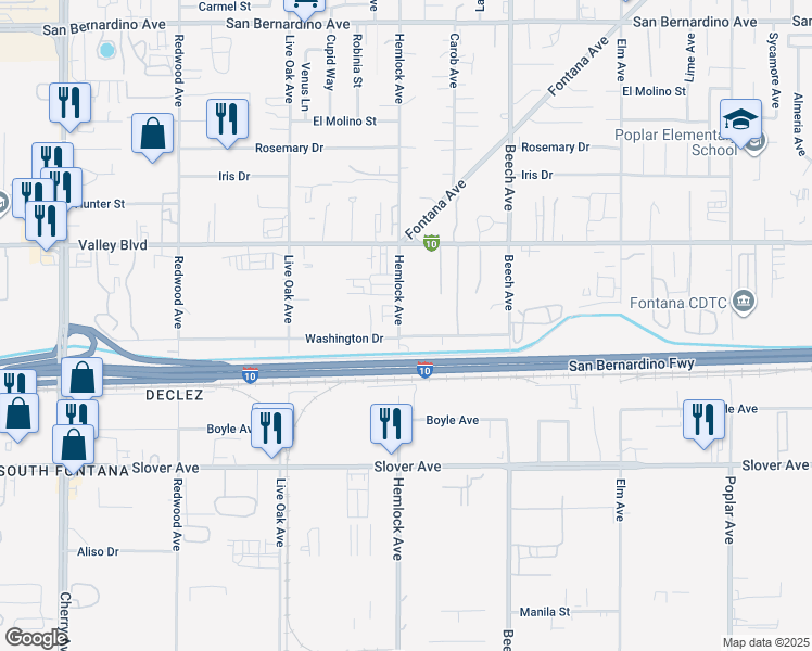 map of restaurants, bars, coffee shops, grocery stores, and more near 15114 Washington Drive in Fontana
