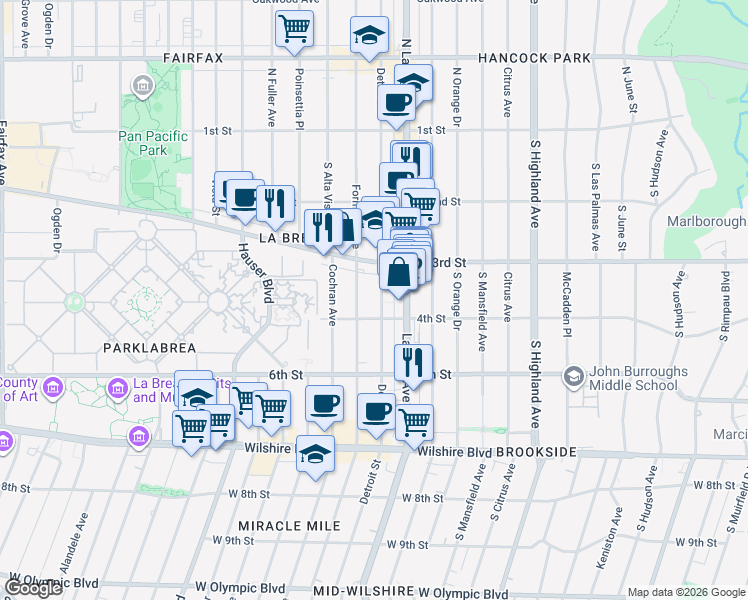 map of restaurants, bars, coffee shops, grocery stores, and more near 343 South Detroit Street in Los Angeles