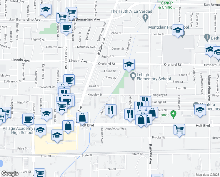map of restaurants, bars, coffee shops, grocery stores, and more near 4241 Evart Street in Montclair