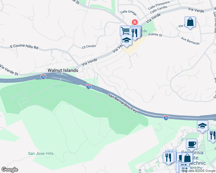 map of restaurants, bars, coffee shops, grocery stores, and more near 21544 East Covina Hills Road in Covina