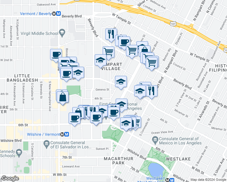 map of restaurants, bars, coffee shops, grocery stores, and more near 325 South Reno Street in Los Angeles