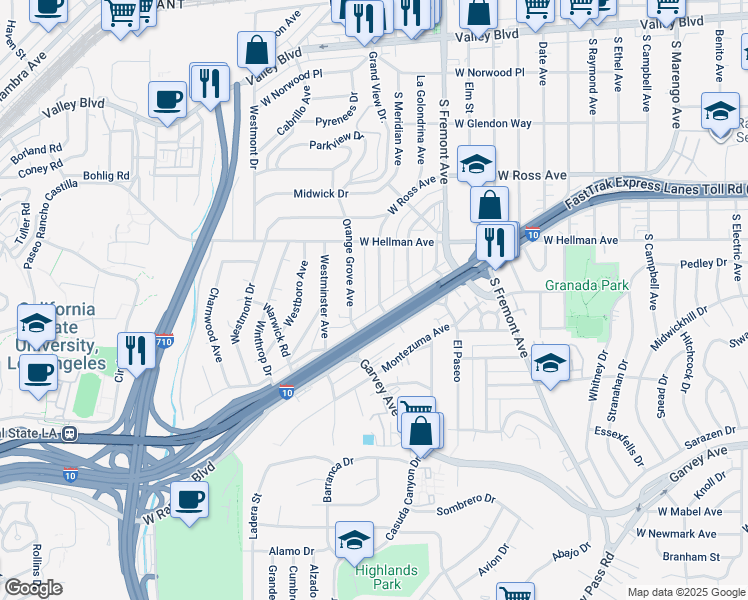 map of restaurants, bars, coffee shops, grocery stores, and more near 2221 Meridian Avenue in Alhambra