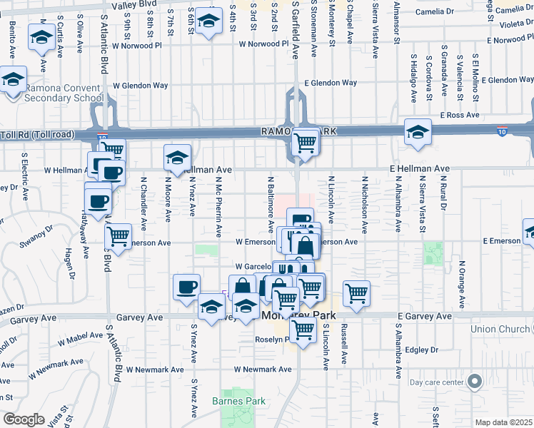 map of restaurants, bars, coffee shops, grocery stores, and more near 511 North Baltimore Avenue in Monterey Park