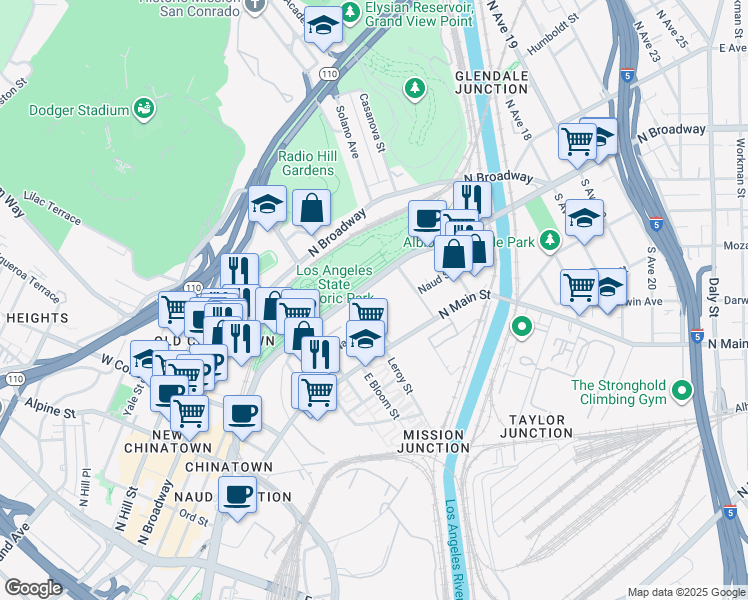 map of restaurants, bars, coffee shops, grocery stores, and more near 1510 N Spring St in Los Angeles