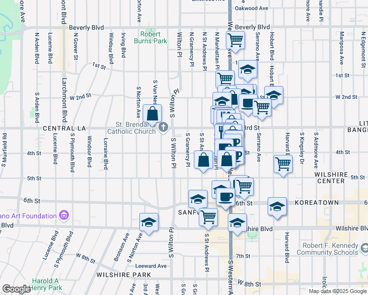 map of restaurants, bars, coffee shops, grocery stores, and more near 345 South Gramercy Place in Los Angeles