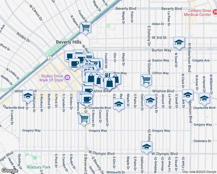 map of restaurants, bars, coffee shops, grocery stores, and more near 147 North Crescent Drive in Beverly Hills