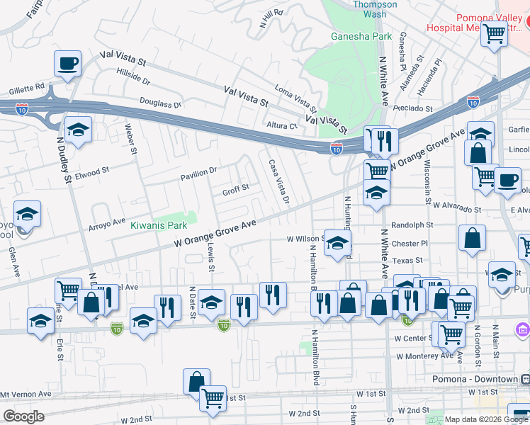 map of restaurants, bars, coffee shops, grocery stores, and more near 908 Werly Drive in Pomona