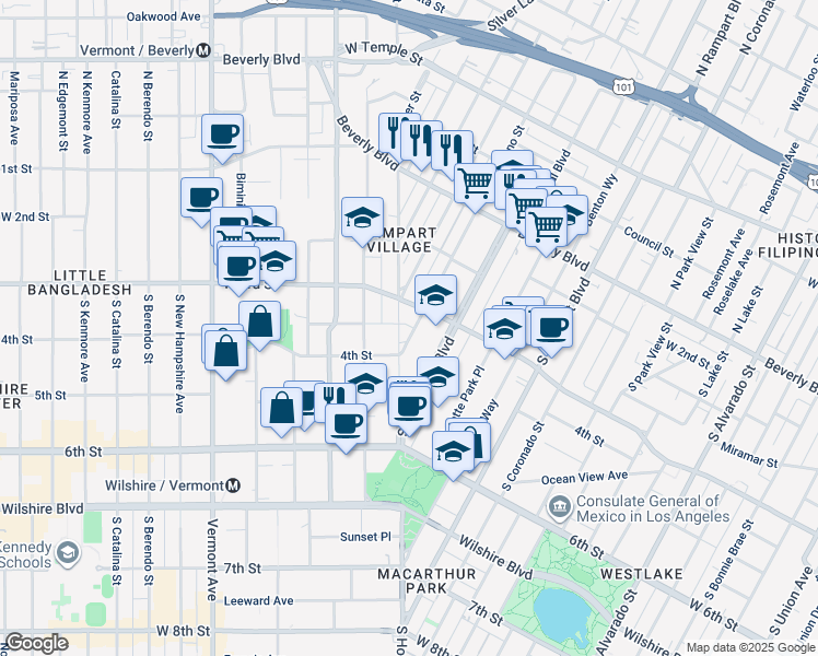 map of restaurants, bars, coffee shops, grocery stores, and more near 323 South Reno Street in Los Angeles