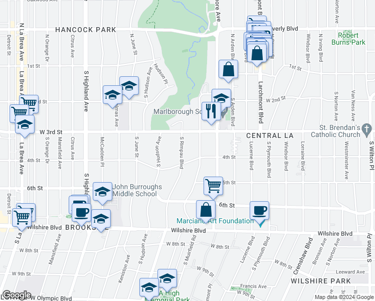 map of restaurants, bars, coffee shops, grocery stores, and more near 344 South Rimpau Boulevard in Los Angeles