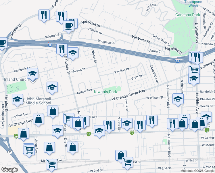 map of restaurants, bars, coffee shops, grocery stores, and more near 1021 Cathedral Way in Pomona