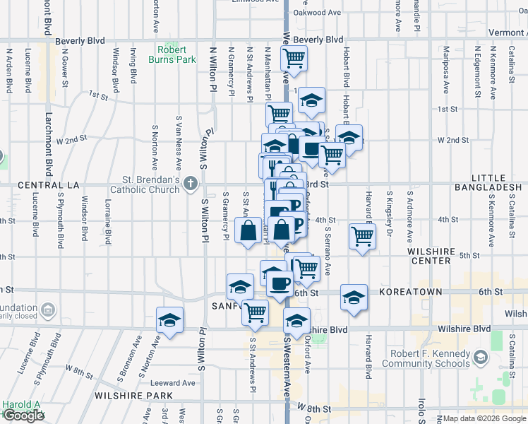 map of restaurants, bars, coffee shops, grocery stores, and more near 333 South Manhattan Place in Los Angeles