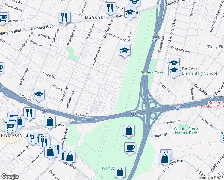map of restaurants, bars, coffee shops, grocery stores, and more near 3628 Meadowlark Street in El Monte