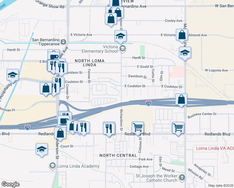 map of restaurants, bars, coffee shops, grocery stores, and more near 1565 East Coulston Street in San Bernardino