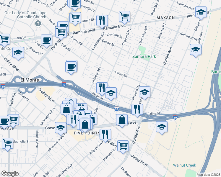 map of restaurants, bars, coffee shops, grocery stores, and more near 3452 Cogswell Road in El Monte