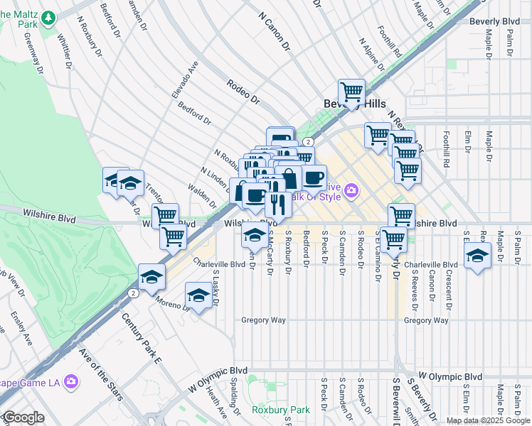 map of restaurants, bars, coffee shops, grocery stores, and more near 441 North Roxbury Drive in Beverly Hills