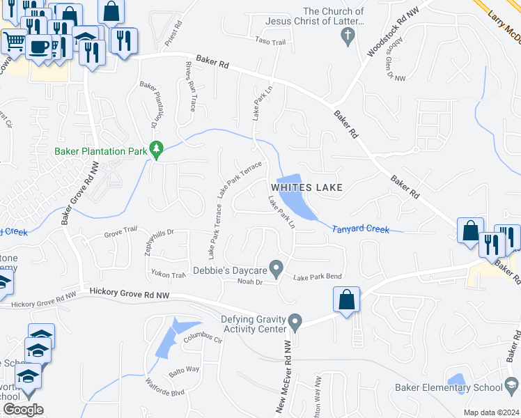 map of restaurants, bars, coffee shops, grocery stores, and more near 3041 Lake Park Trail in Acworth