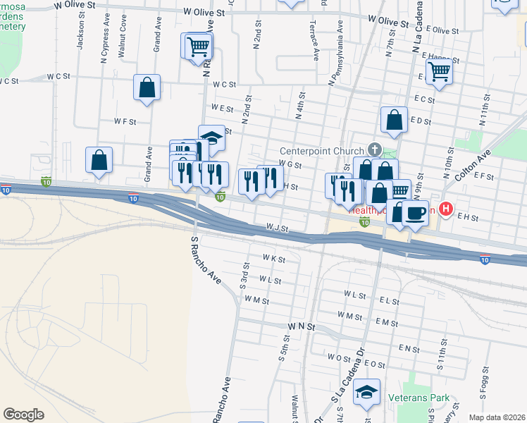 map of restaurants, bars, coffee shops, grocery stores, and more near 562 West Valley Boulevard in Colton
