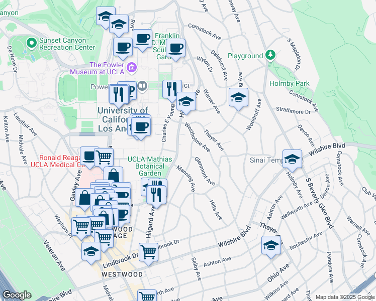 map of restaurants, bars, coffee shops, grocery stores, and more near 10535 Wilshire Boulevard in Los Angeles