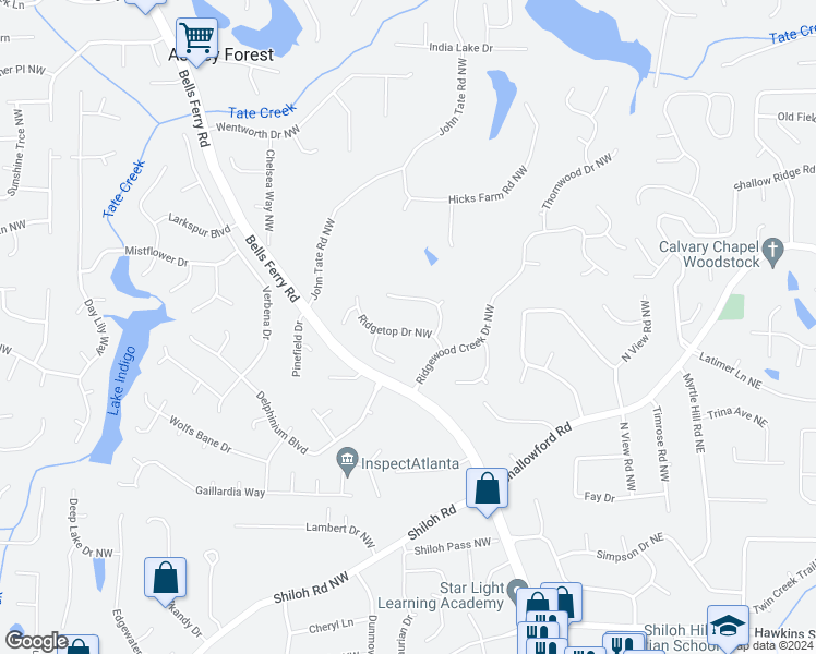 map of restaurants, bars, coffee shops, grocery stores, and more near 422 Ridgetop Drive Northwest in Acworth