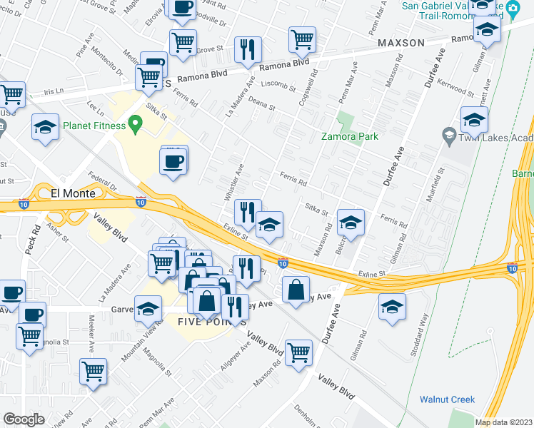 map of restaurants, bars, coffee shops, grocery stores, and more near 3452 Cogswell Road in El Monte