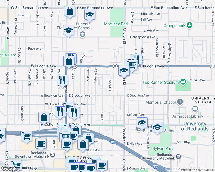map of restaurants, bars, coffee shops, grocery stores, and more near 1136 Post Street in Redlands