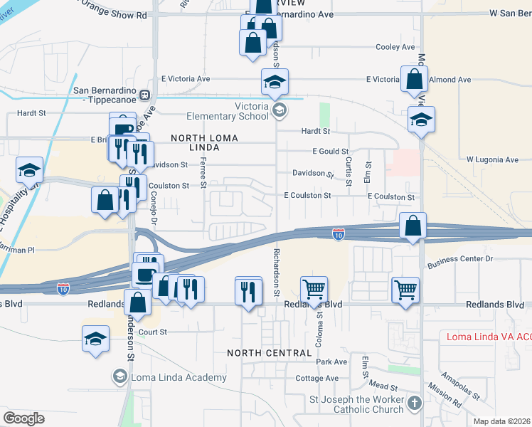 map of restaurants, bars, coffee shops, grocery stores, and more near 1565 East Coulston Street in San Bernardino