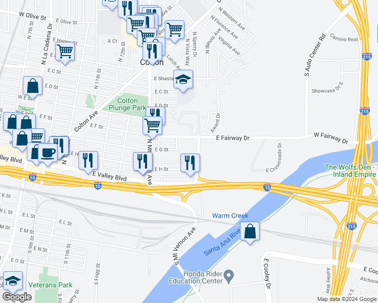 map of restaurants, bars, coffee shops, grocery stores, and more near 904 Fairway Avenue in Colton