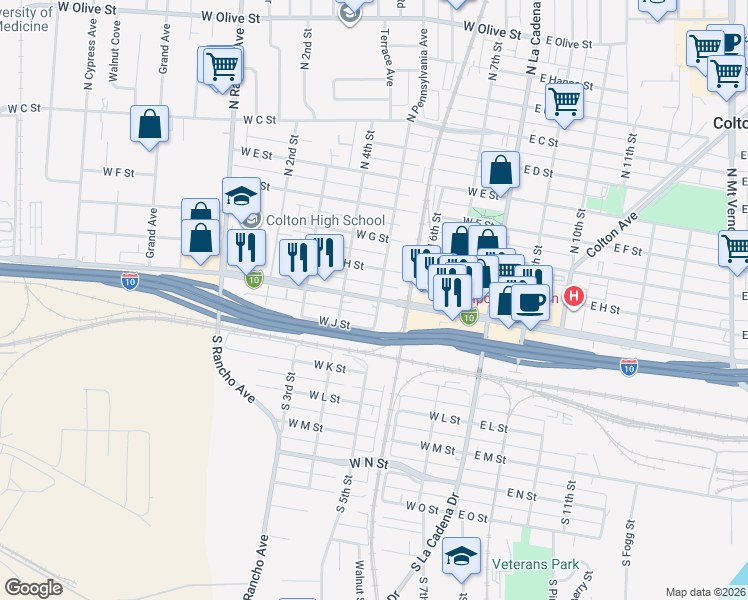 map of restaurants, bars, coffee shops, grocery stores, and more near 355 West Valley Boulevard in Colton