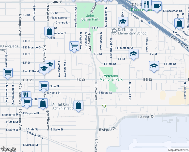 map of restaurants, bars, coffee shops, grocery stores, and more near 428 North Grove Avenue in Ontario