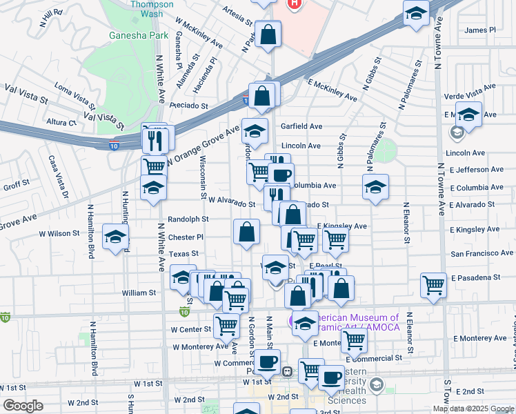 map of restaurants, bars, coffee shops, grocery stores, and more near in Pomona