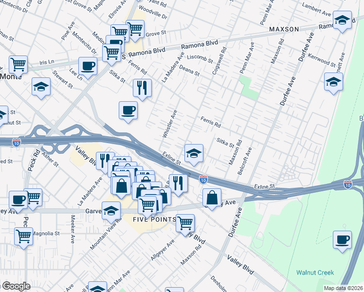 map of restaurants, bars, coffee shops, grocery stores, and more near 3457 Cogswell Road in El Monte