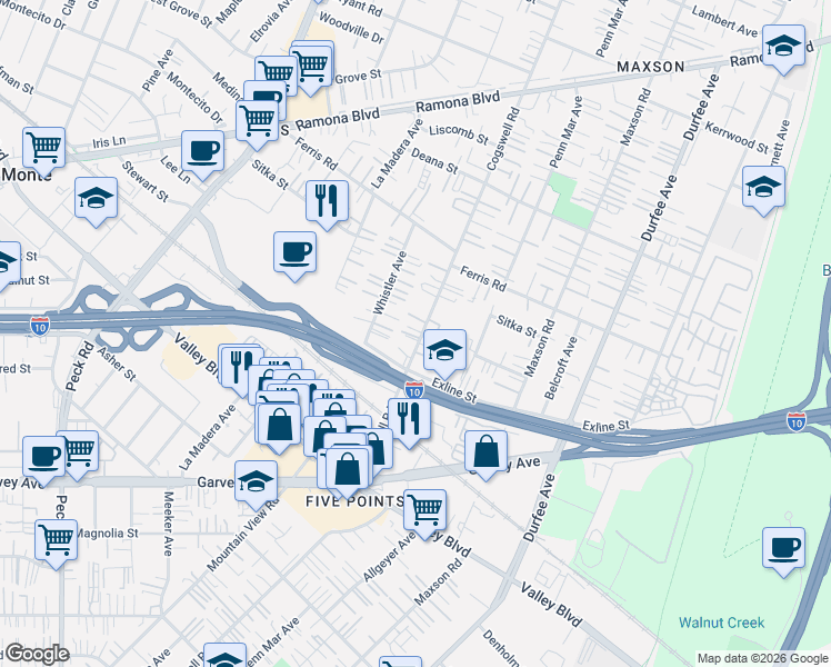 map of restaurants, bars, coffee shops, grocery stores, and more near 3457 Cogswell Road in El Monte