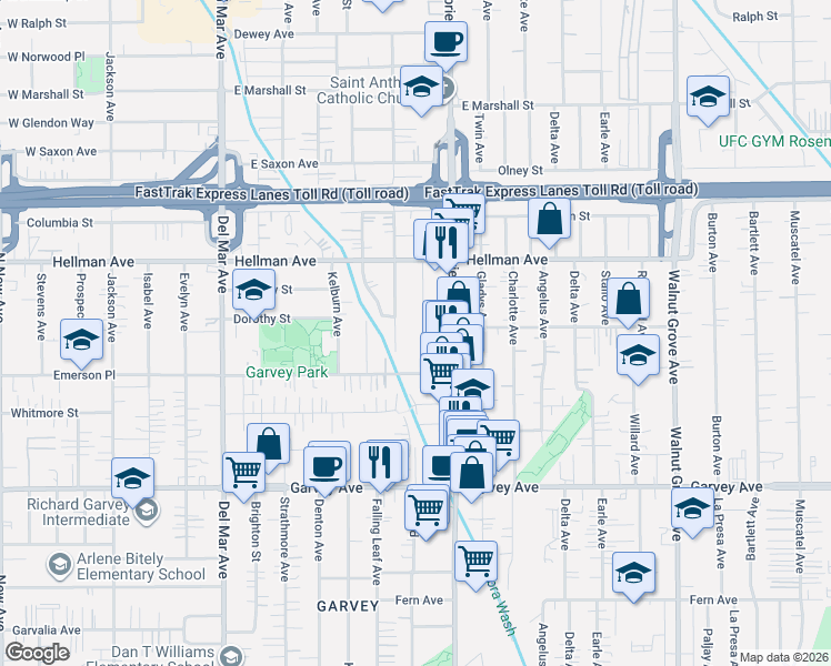 map of restaurants, bars, coffee shops, grocery stores, and more near 3261 Alanreed Avenue in Rosemead