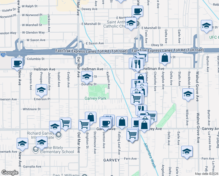 map of restaurants, bars, coffee shops, grocery stores, and more near 3260 Kelburn Avenue in Rosemead