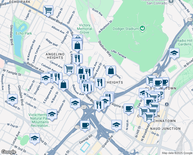 map of restaurants, bars, coffee shops, grocery stores, and more near 929 White Knoll Drive in Los Angeles