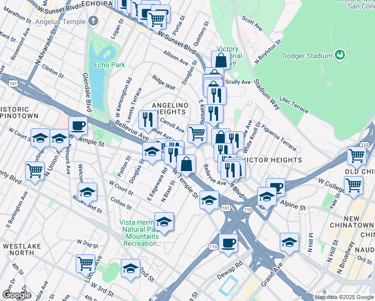 map of restaurants, bars, coffee shops, grocery stores, and more near 1257 1/2 Bellevue Avenue in Los Angeles