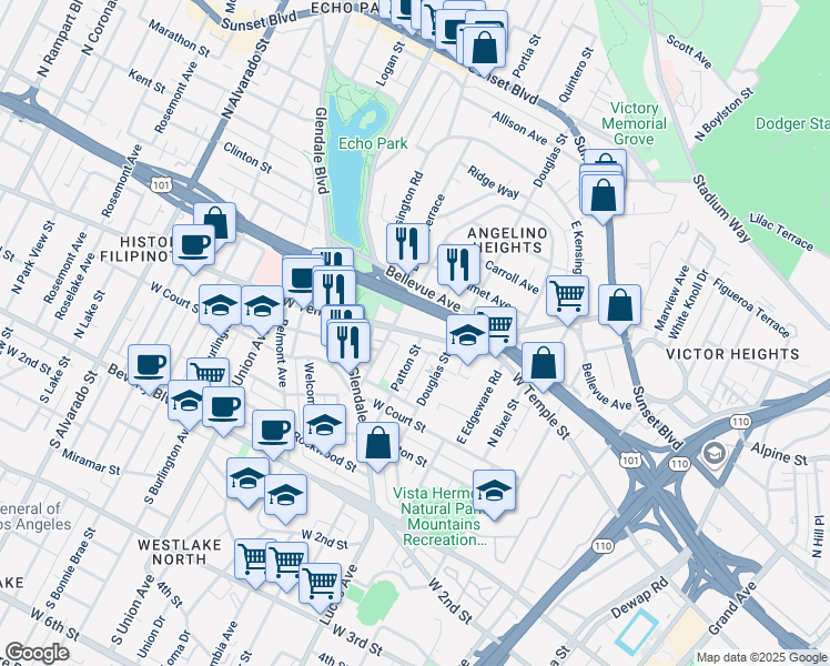 map of restaurants, bars, coffee shops, grocery stores, and more near 1461 West Temple Street in Los Angeles