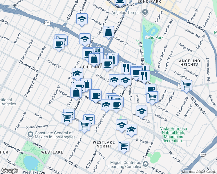 map of restaurants, bars, coffee shops, grocery stores, and more near 1818 West Court Street in Los Angeles