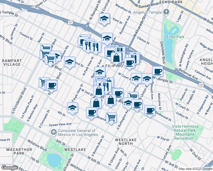 map of restaurants, bars, coffee shops, grocery stores, and more near 141 North Alvarado Street in Los Angeles