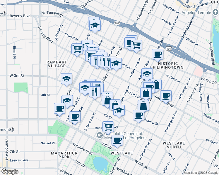 map of restaurants, bars, coffee shops, grocery stores, and more near 140 South Coronado Street in Los Angeles