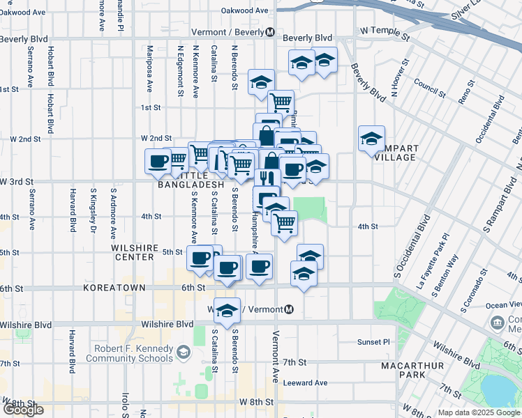 map of restaurants, bars, coffee shops, grocery stores, and more near 330 South New Hampshire Avenue in Los Angeles