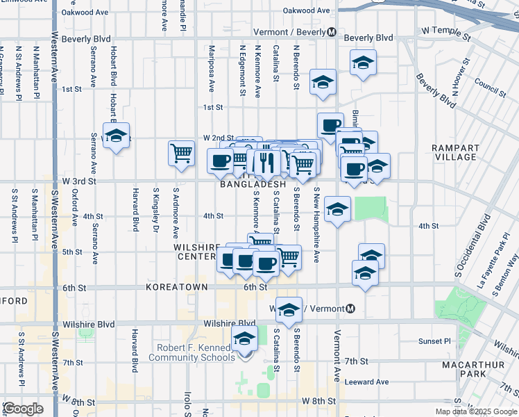 map of restaurants, bars, coffee shops, grocery stores, and more near 330 South Kenmore Avenue in Los Angeles