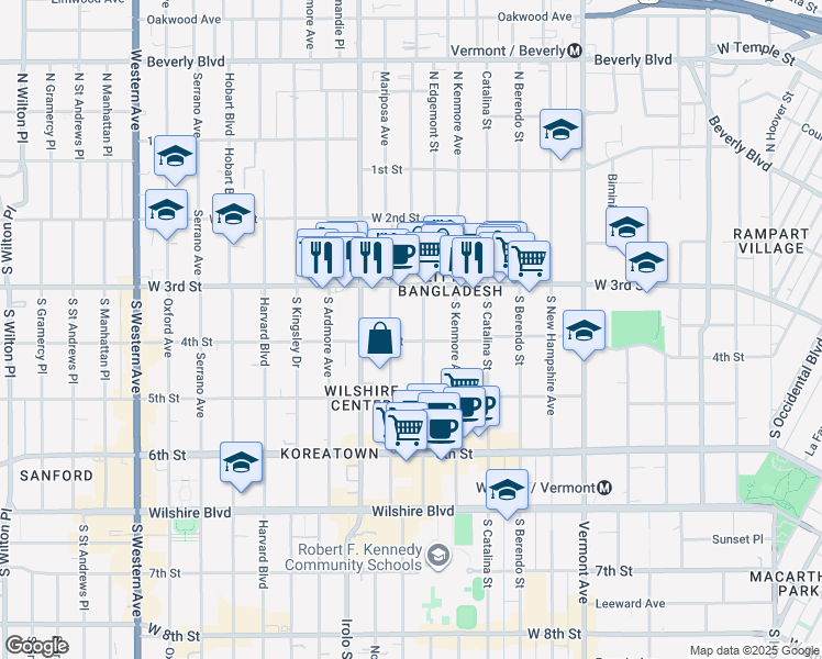 map of restaurants, bars, coffee shops, grocery stores, and more near 330 South Mariposa Avenue in Los Angeles
