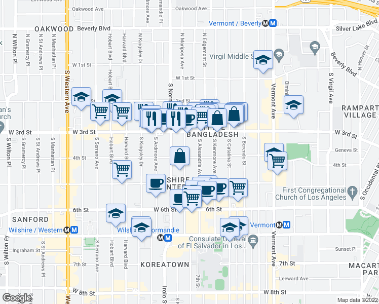 map of restaurants, bars, coffee shops, grocery stores, and more near 330 South Mariposa Avenue in Los Angeles