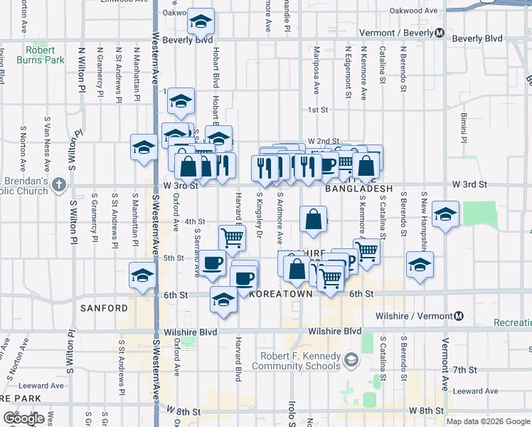 map of restaurants, bars, coffee shops, grocery stores, and more near 331 South Ardmore Avenue in Los Angeles