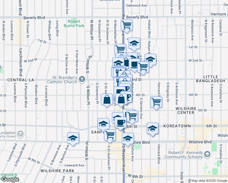 map of restaurants, bars, coffee shops, grocery stores, and more near 333 South Manhattan Place in Los Angeles
