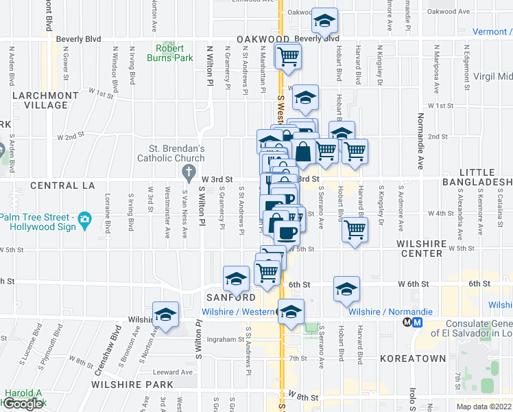 map of restaurants, bars, coffee shops, grocery stores, and more near 333 South Manhattan Place in Los Angeles