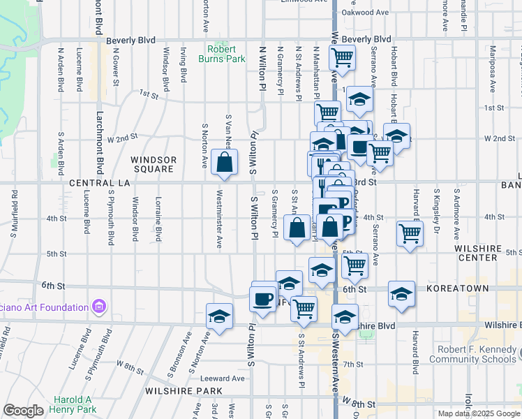 map of restaurants, bars, coffee shops, grocery stores, and more near 332 South Wilton Place in Los Angeles