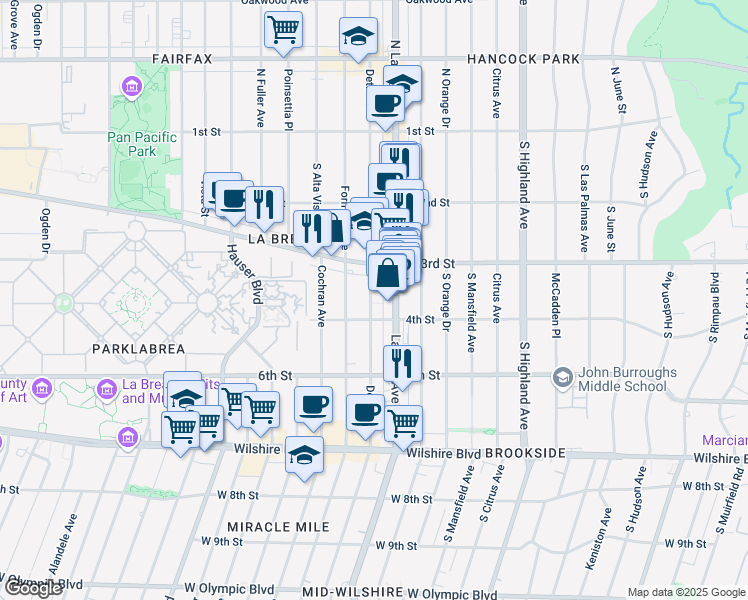 map of restaurants, bars, coffee shops, grocery stores, and more near 325 South Detroit Street in Los Angeles